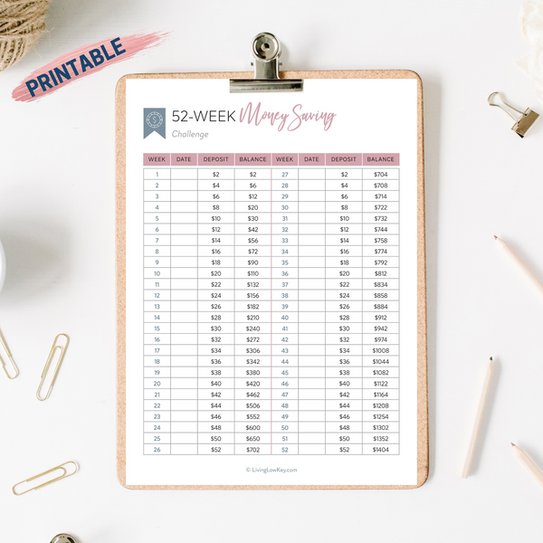 Table 52 Week Track 52 Week Challenge Printable